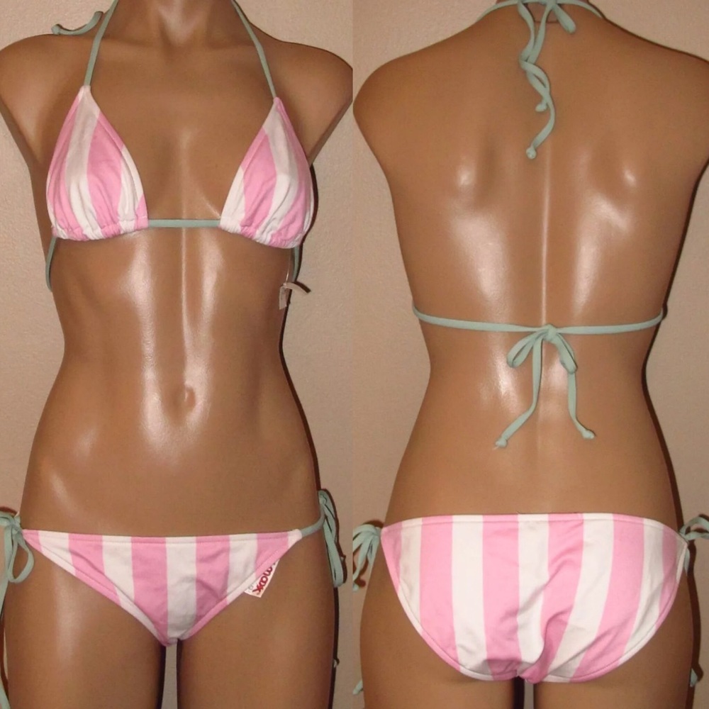 🆕 KushCush Swim Bikini Pink Stripe Printed M Tie